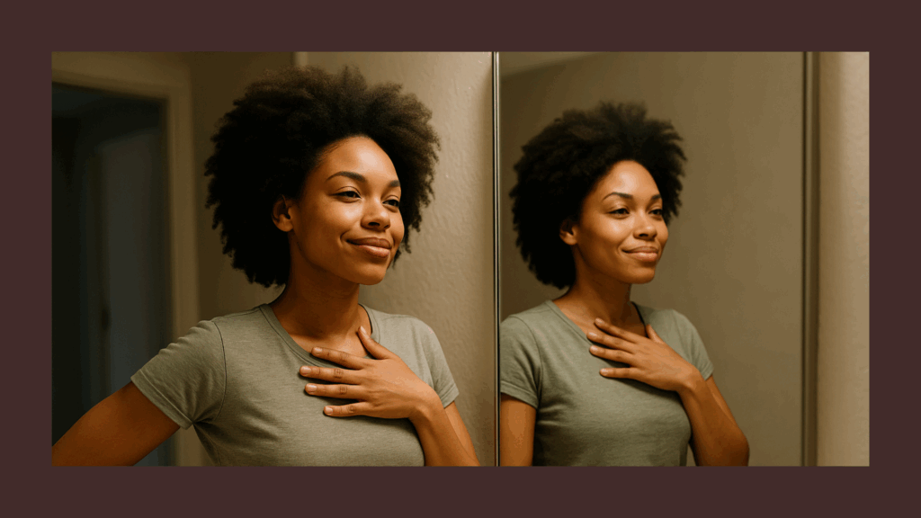 Mulher jovem negra com cabelo cacheado natural, usando camiseta verde-oliva, em frente a um espelho, com uma mão sobre o peito e expressão serena, transmitindo autoconfiança e autoestima em construção.