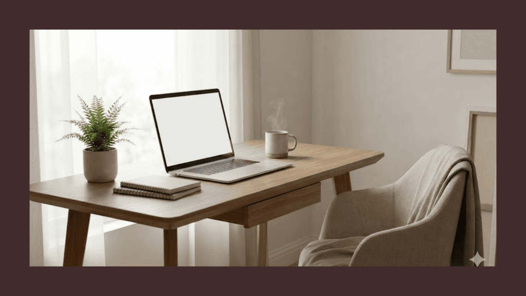 Ambiente de trabalho minimalista com luz natural, laptop e itens organizados sobre a mesa, transmitindo calma e produtividade sem pressão.