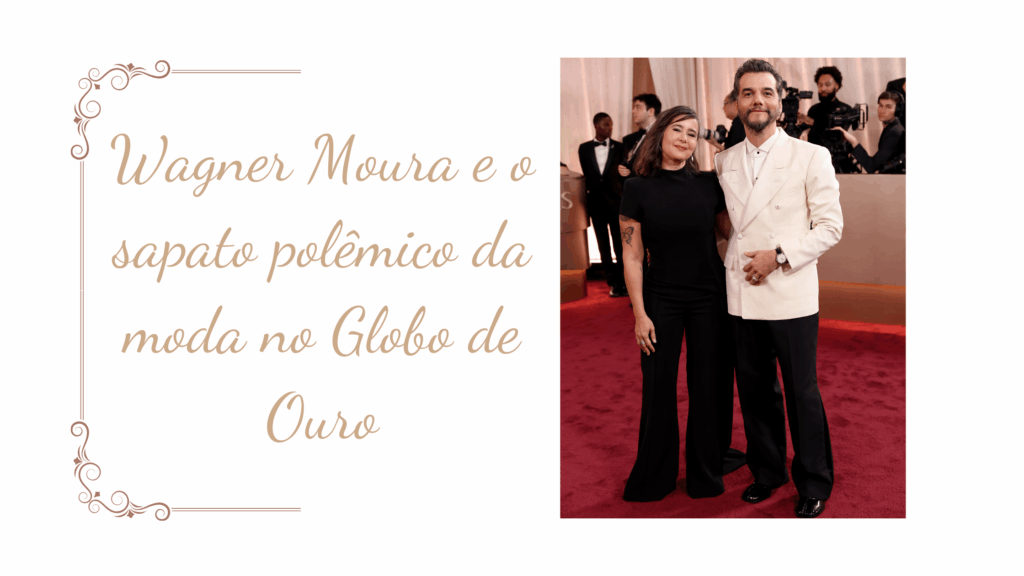 Wagner Moura no tapete vermelho usando um sapato polêmico da moda durante o Globo de Ouro.