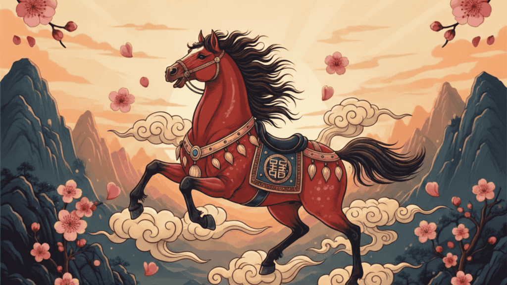 Ilustração temática do Ano do Cavalo com um cavalo castanho majestoso, flores de cerejeira e paisagem tradicional asiática ao fundo.