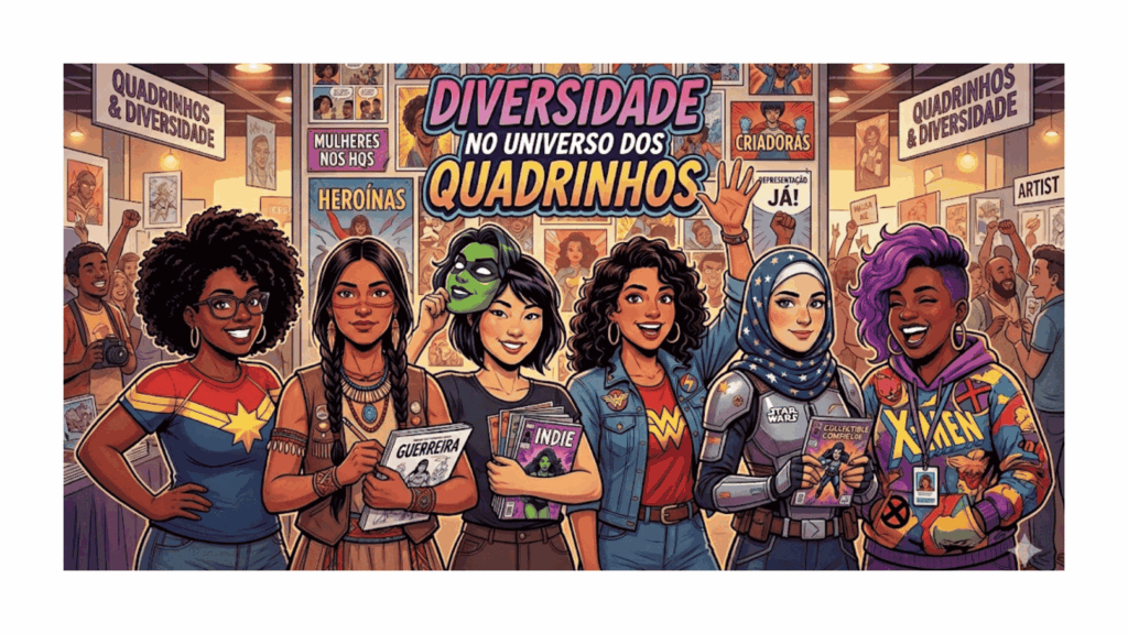 ilustração representando diversidade de mulheres no universo dos quadrinhos