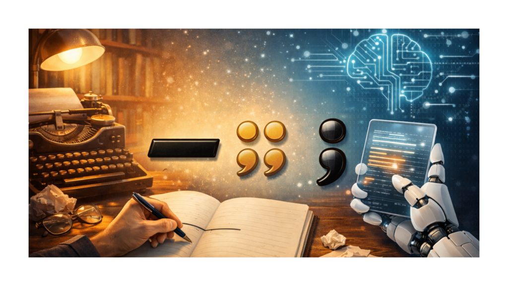 Ilustração com mão humana escrevendo e mão robótica em tablet, conectadas por símbolos de pontuação.