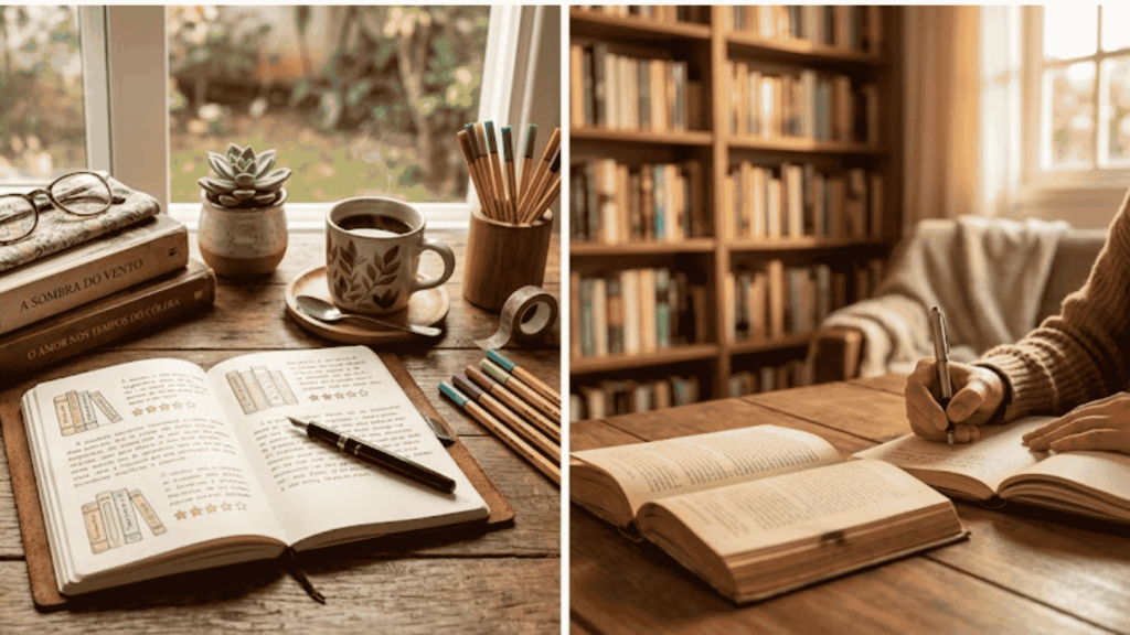 Pessoa escrevendo em um reading journal ao lado de um livro aberto, registrando anotações e reflexões em um diário de leitura.
